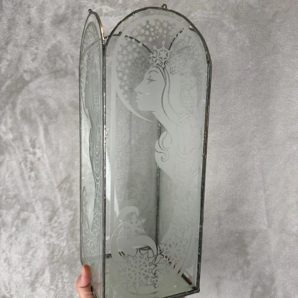 Art Nouveau Etched Stained Glass Winter Snow Queen Lantern Candle Holder‎ 13.5in